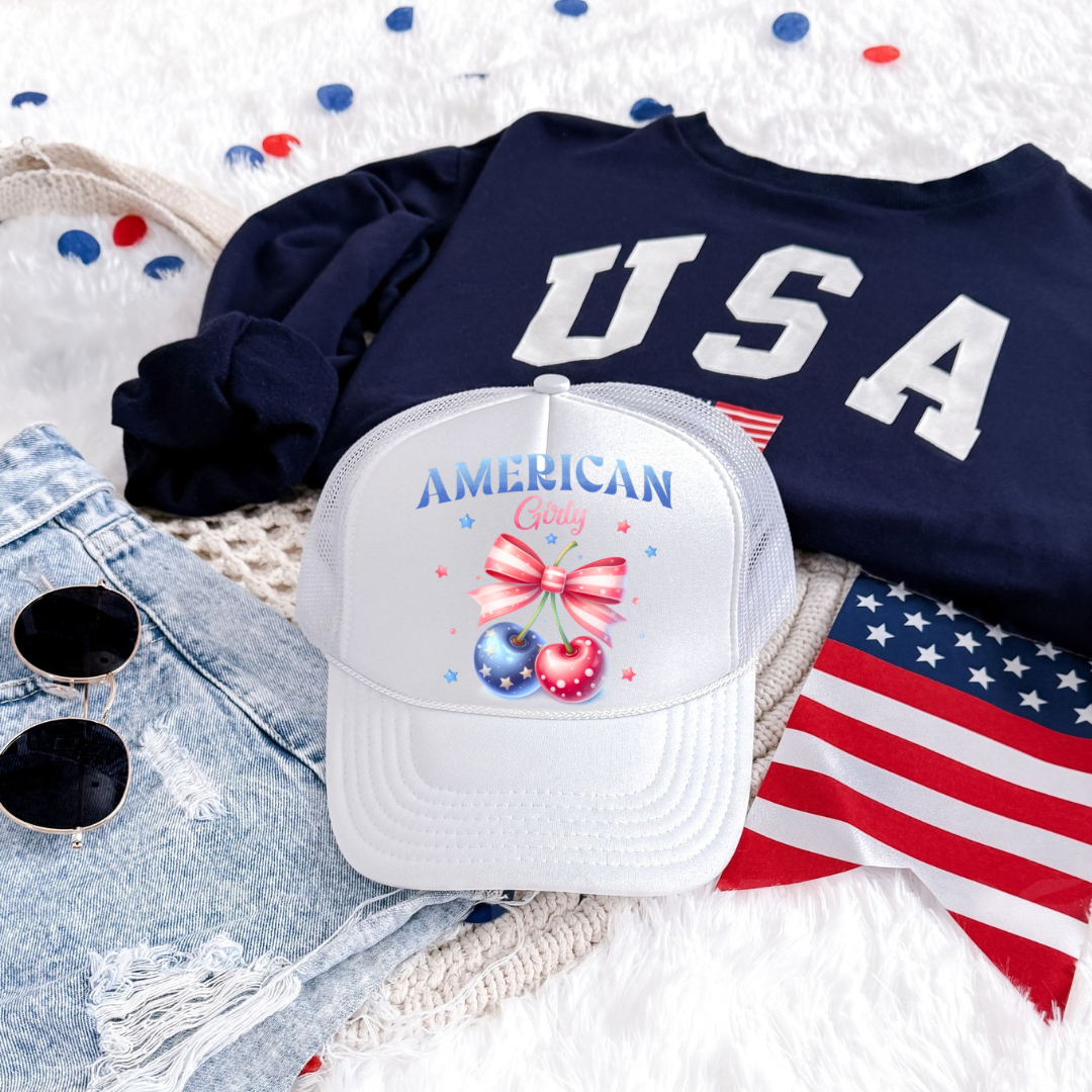 Cherry Coquette American Girly 4th Of July Trucker Hat