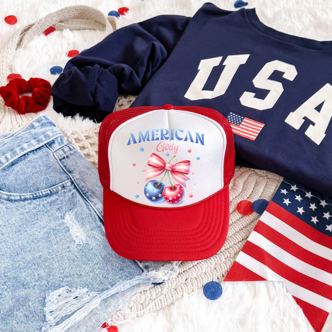 Cherry Coquette American Girly 4th Of July Trucker Hat