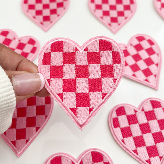 Pink Checkered Heart Embroidered Patch