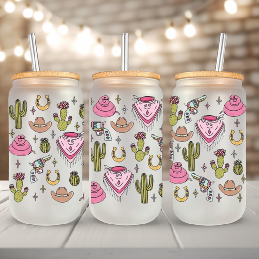 Pink Western Cactus UV DTF Cup Wrap